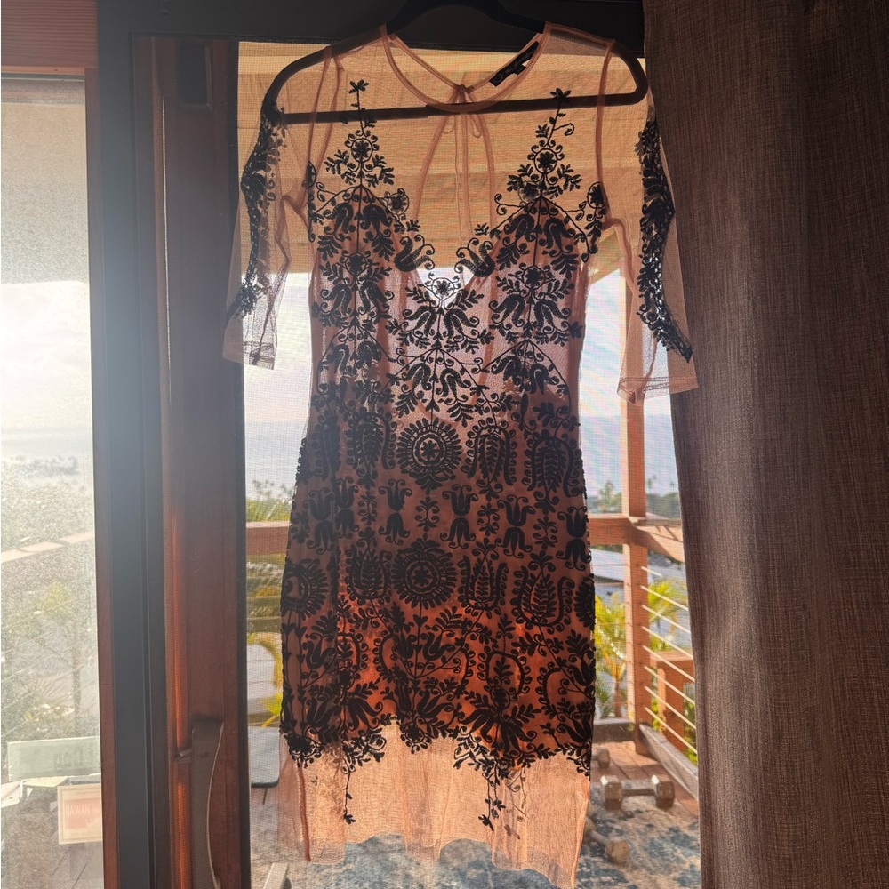 Sheer Pink Mini Dress with Black Lace Overlay